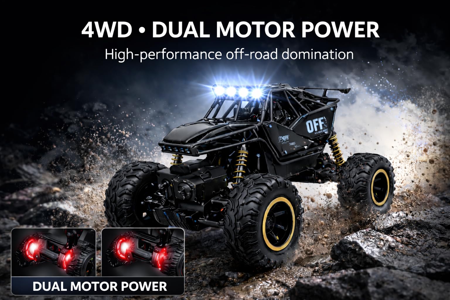 PB Prime Brands Rock Climber RC Car with Bluetooth Music, Mist Spray & LED Lights | 4WD 2.4GHz Off-Road Remote and Mobile Control Car | Dual Motor, Shock Absorber | Rechargeable Battery (Black) 3