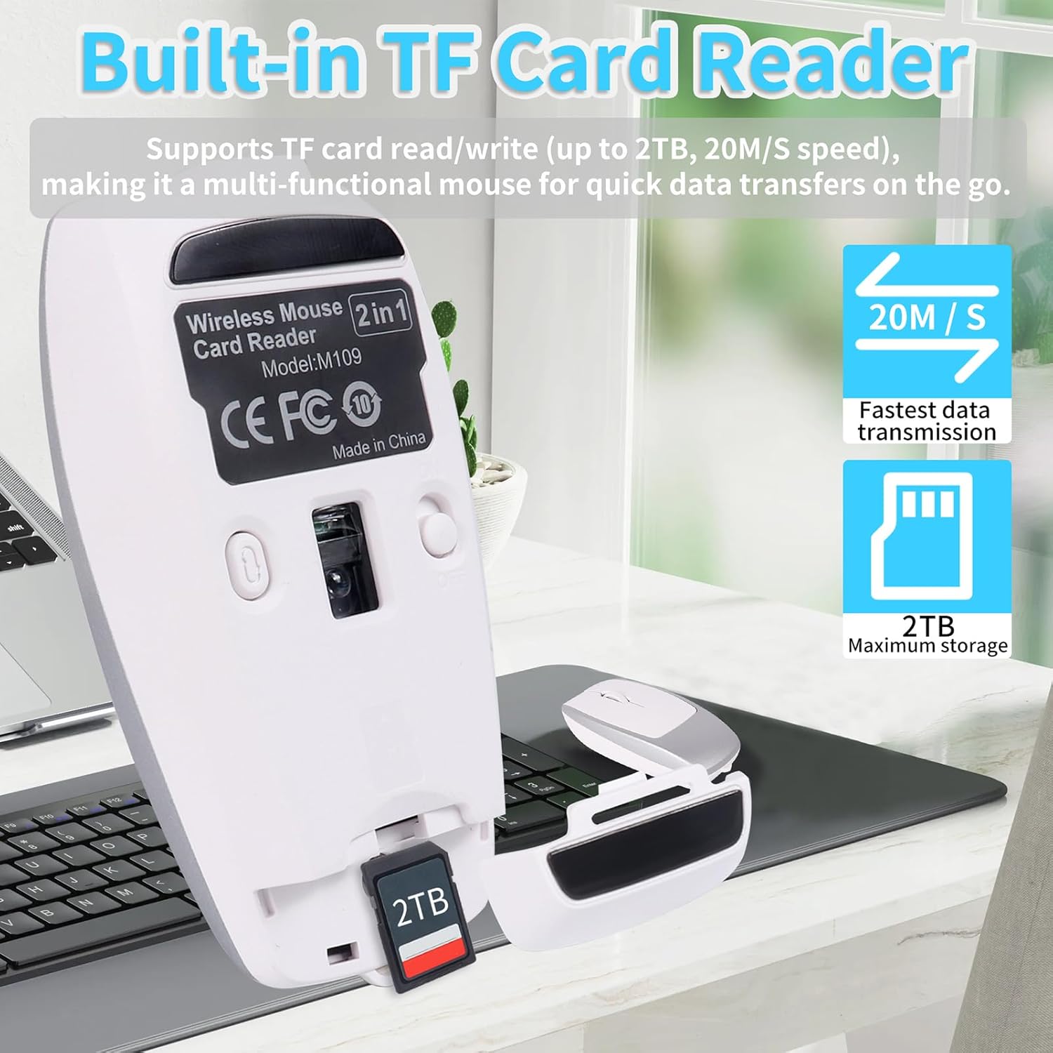 Mini Bluetooth Wireless Mouse with TF Card Reader, Rechargeable, Silent Click, Portable for Laptop, PC, Travel, Office & Home Use (Silver)