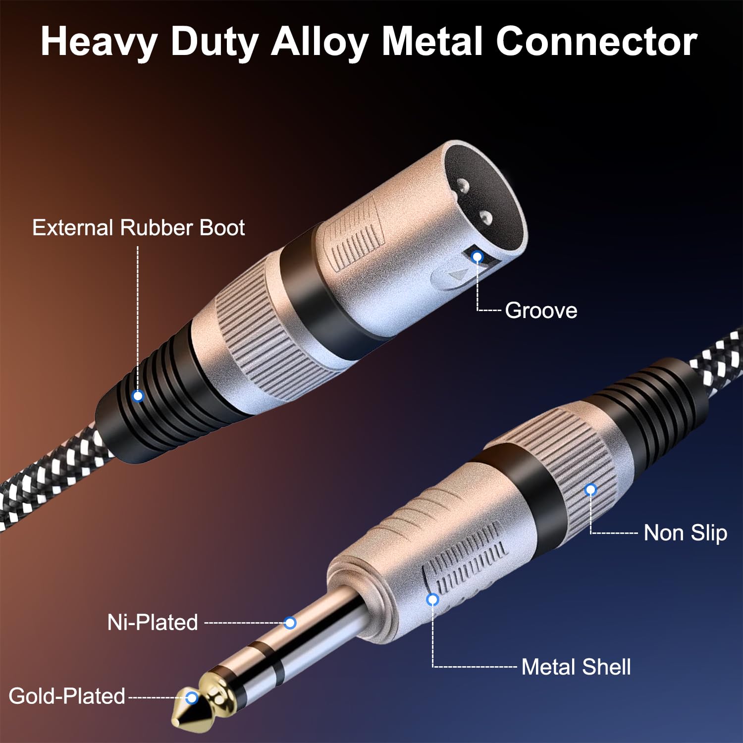 Kabel XLR męski na 1/4 cala TRS 30 FT, Nylong pleciony XLR 3-pinowy męski na ćwierć cala 6,35 mm TRS męski zbalansowany przewód połączeniowy przewód mikrofonowy (czyste miedziane przewody)
