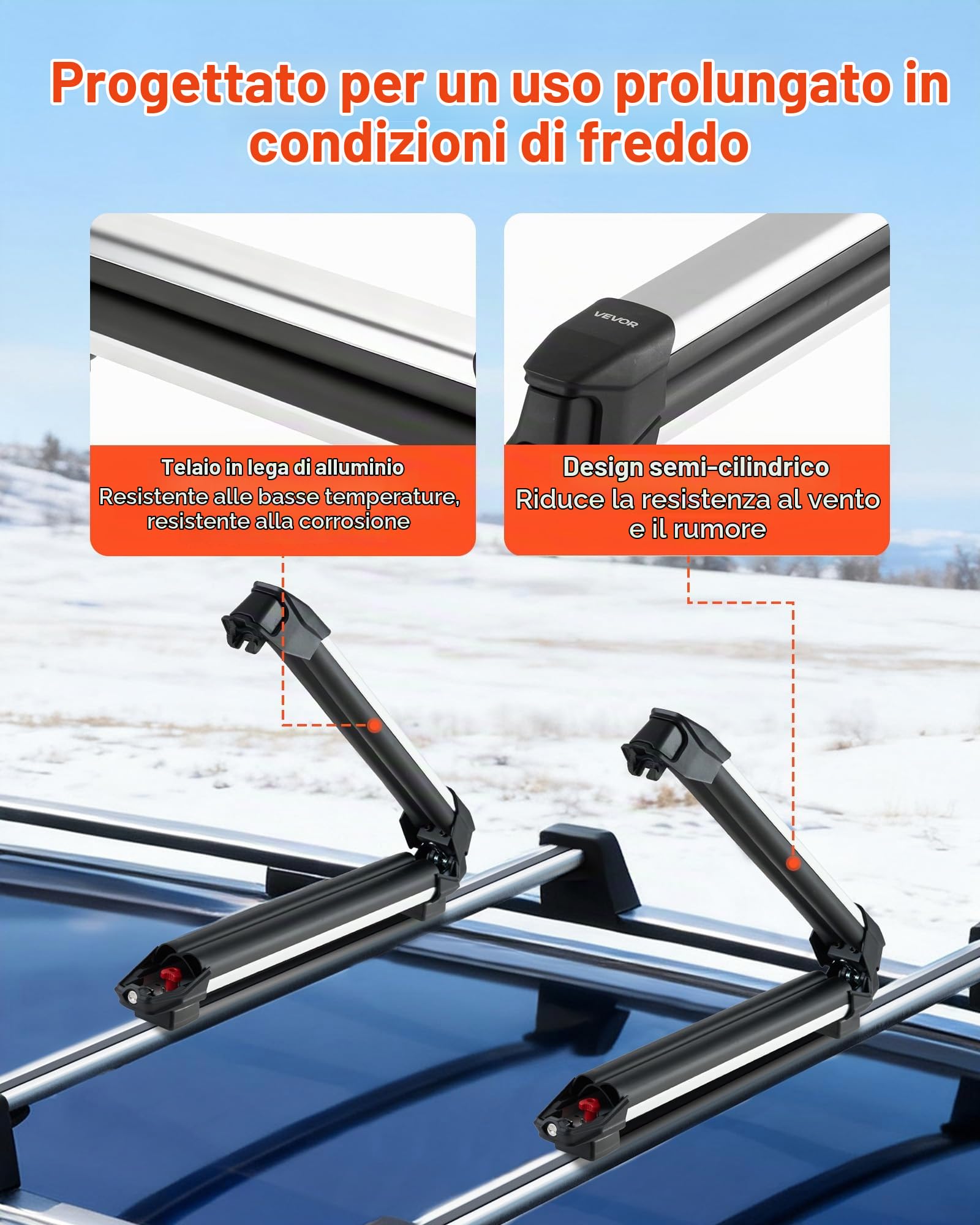 VEVOR Portasci e Snowboard, Portasci per Tetto Auto Scanalatura a T Porta 4 Paia di Sci o 2 Snowboard, 2 Supporti Universali in Alluminio per Portapacchi Auto con Serratura e Imbottitura in Gomma