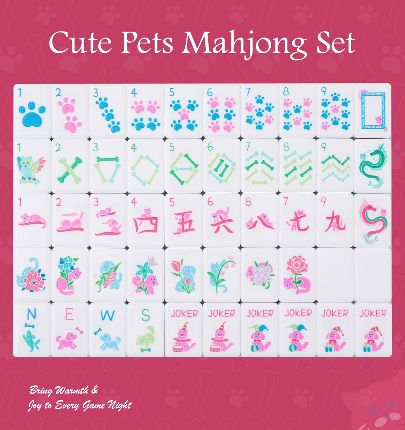 Dogs and Cats Themed Mahjong Tile Set - American Mahjong Travel Set with 160 Acrylic engraved Tiles & Dice | Novelty Animal Themed Game for Family | Unique Gift for Pet Lovers and Mahjong Enthusiasts
