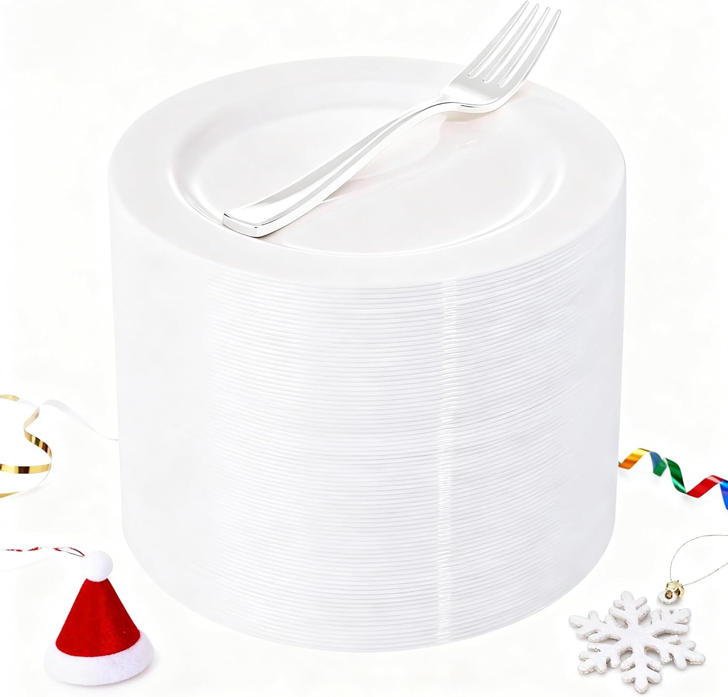 WELLIFE 100 Pieces White Plastic Dessert Plates with 100pcs Silver Disposable Forks, Premium Hard Salad Plate 7.5”, Appetizer Plastic Plates for Wedding, Party Silver 100PCS(7.5inch)+100PCS Forks