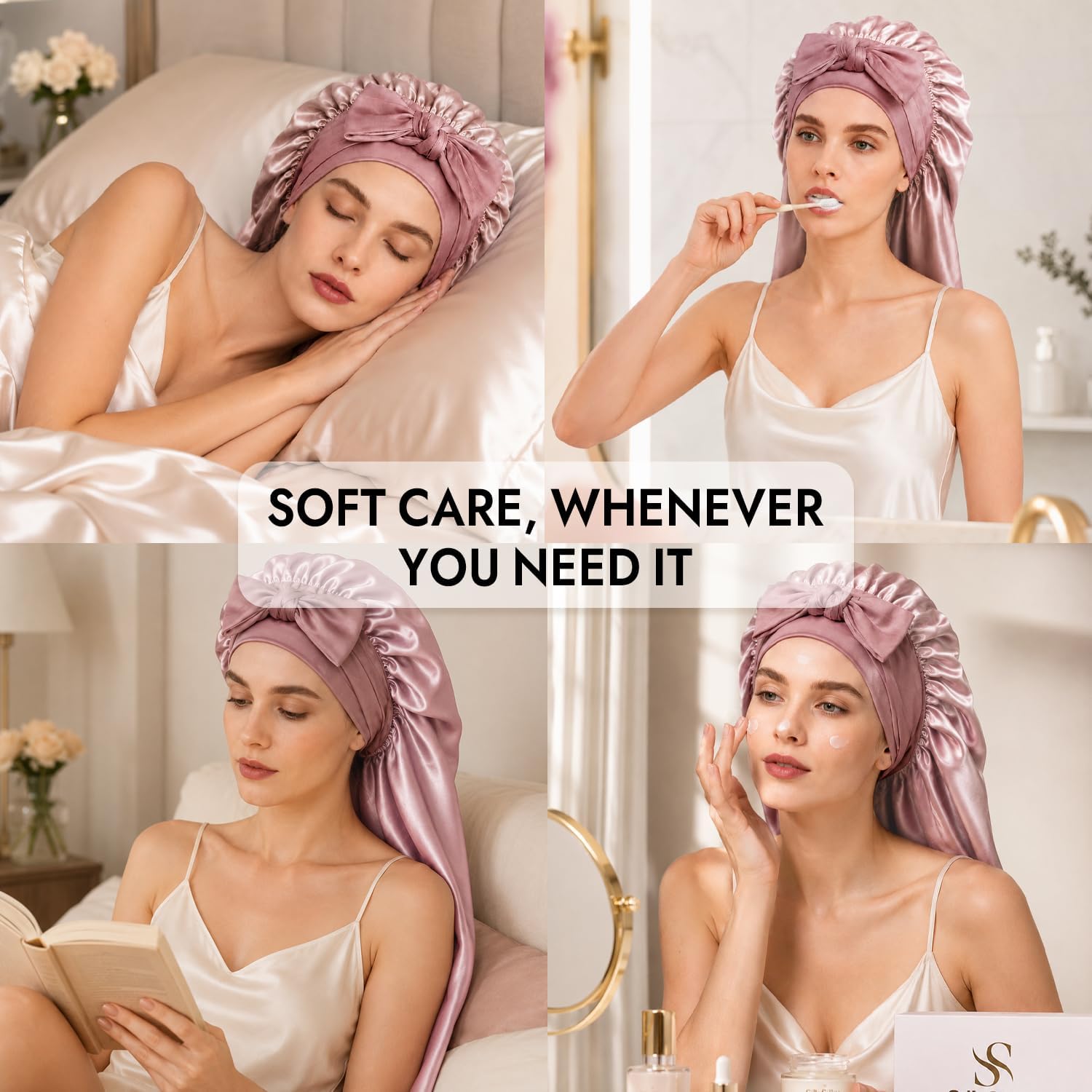 SilkSilky 100% Long Mulberry Silk Bonnet for Sleeping Women, Double Layer Silk Hair Bonnet with Tie Band