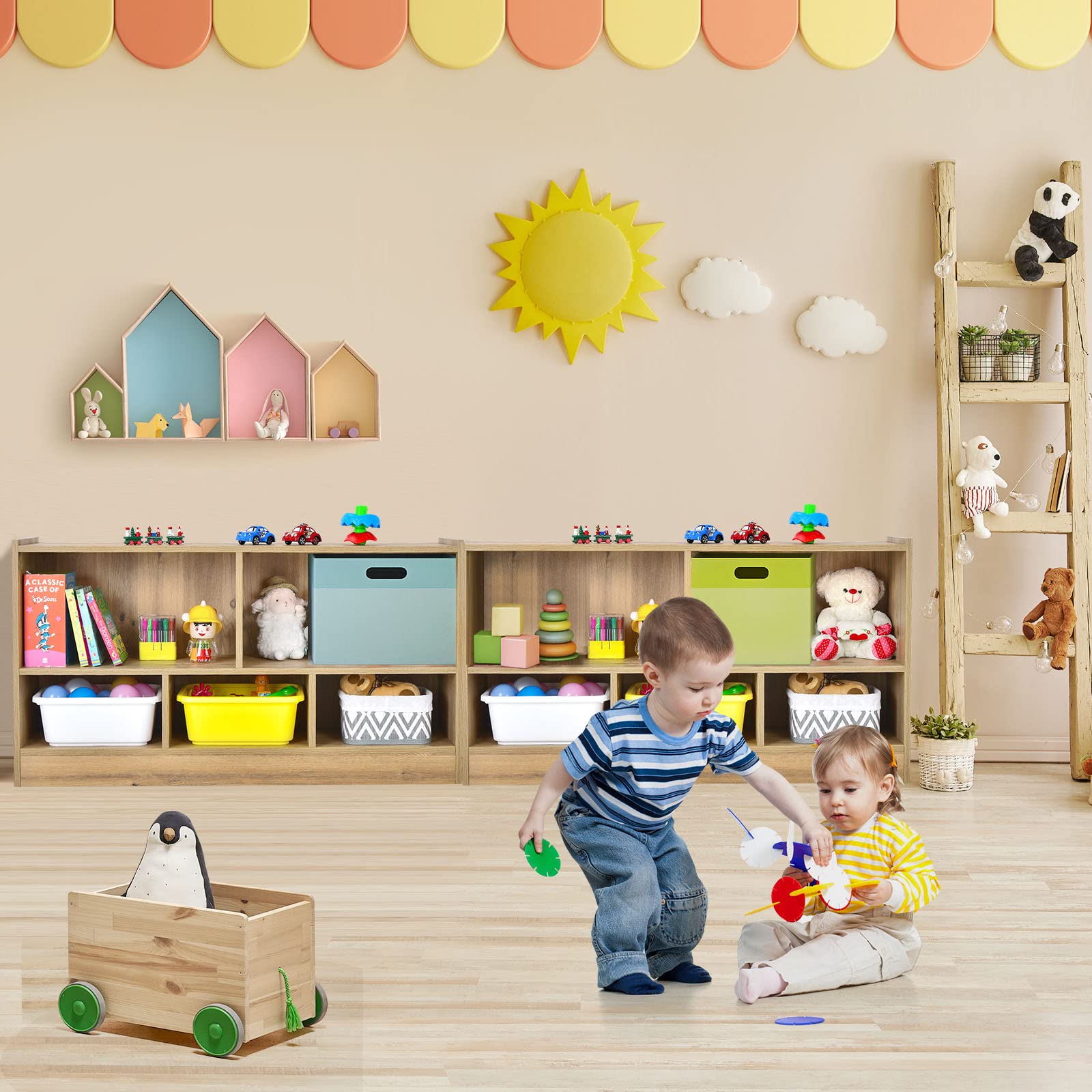 HOMASIS Armario de juguetes de 2 niveles con 5 compartimentos, estantería infantil de madera, estantería abierta, estantería de almacenamiento para juguetes, para habitación infantil, sala de juegos