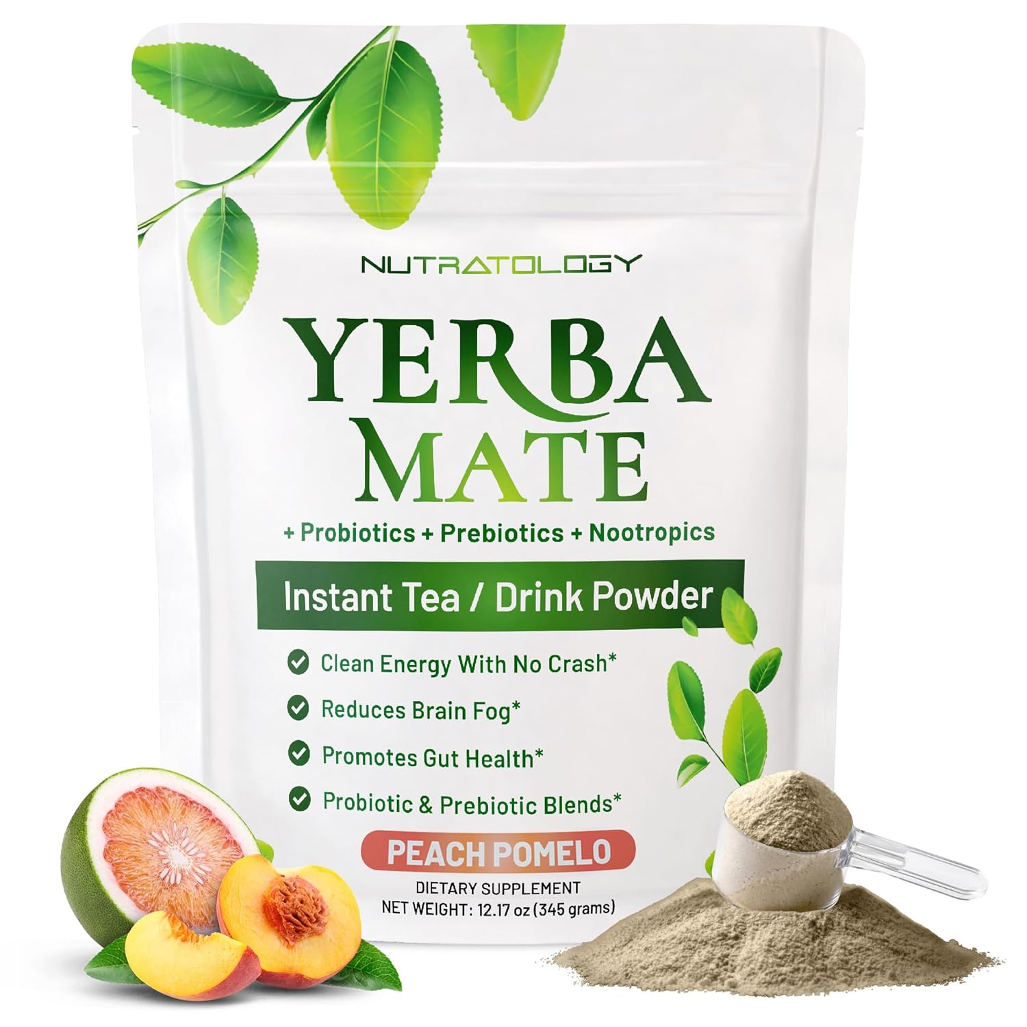 Yerba Mate Instant Tea Powder - 3-In-1 Super Drink - Clean Energy - Formulated With Nootropics To Boost Focus & Clarity - With Prebiotics & Probiotics To Boost Gut Health | Peach Pomelo - 30 Servings