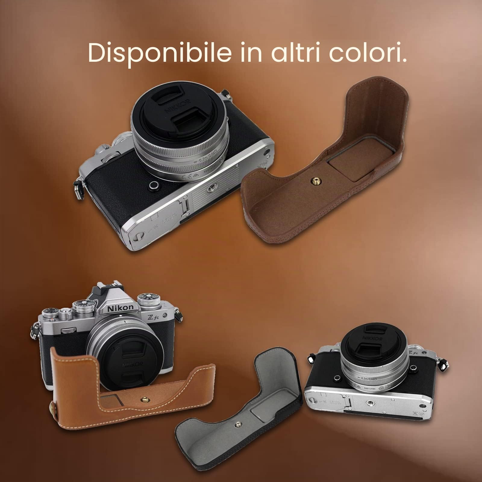 Rieibi Z fc Zfc Custodia per fotocamera, custodia in pelle PU con cinghia per Nikon Z fc Zfc 28 mm f/2.8 SE, obiettivo 16-50 mm f/3.5-6.3, Caffè, Caffè