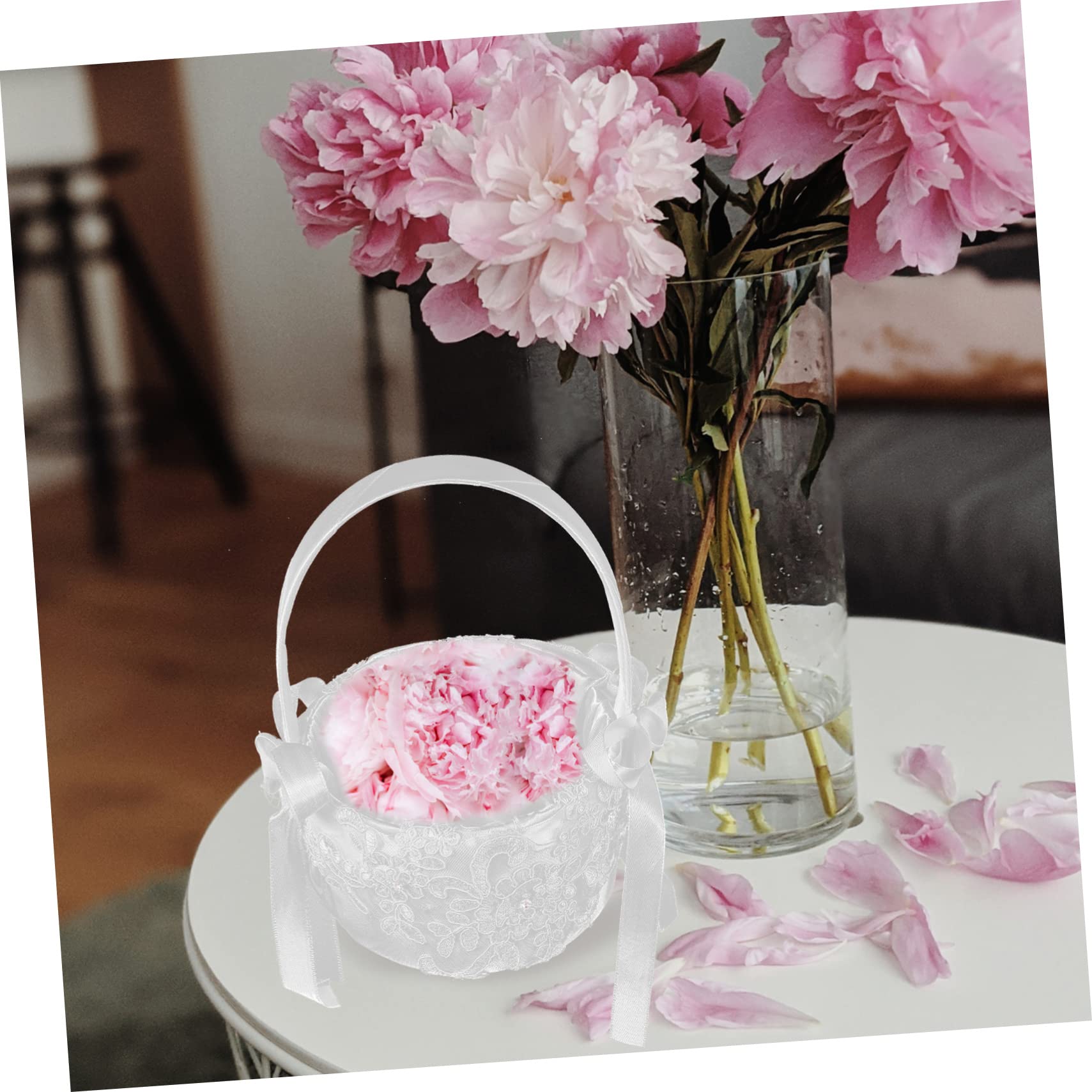 OUNONA 4 Stück Eleganter Hochzeitskorb aus Spitze Tragbarer Blumenkorb mit Einzigartigem Griff für Hochzeiten Partys Dekoration und Praktisch Weißer Spitzenrand für