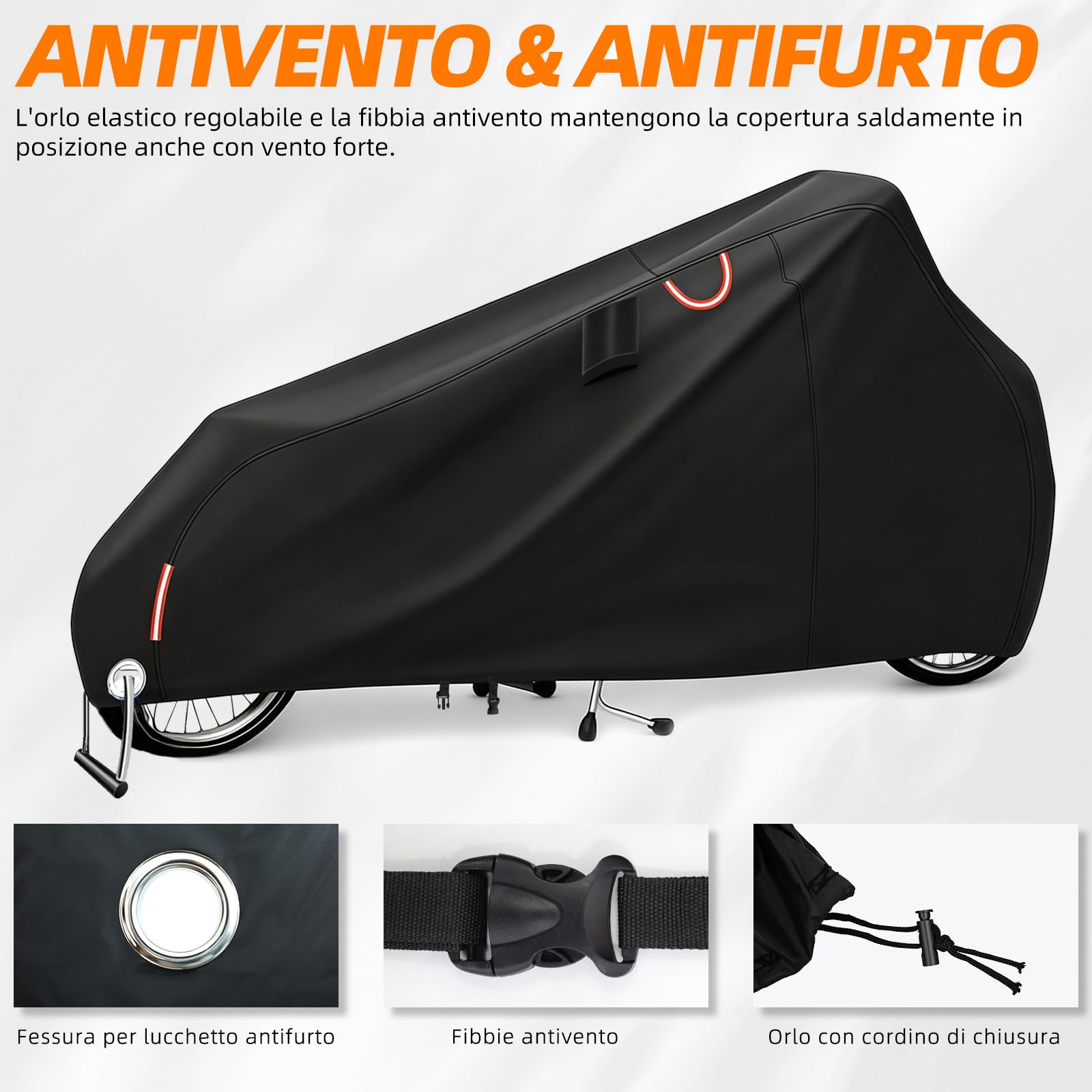 Telo di copertura impermeabile per bicicletta di carico, robusto telo di copertura Oxford 300D con protezione UV, strisce riflettenti per e-bike, furgoni e bici cargo (270 x 75 x 100 cm) (per due