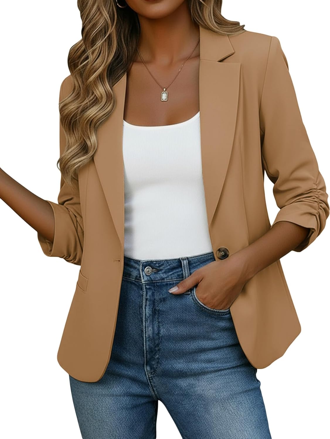 Mina Self 2026 Spring Women's 3/4 Ruched Sleeve Blazer Jacket - Petite Lightweight Full-Lined Slim Fit Work Casual Pocket