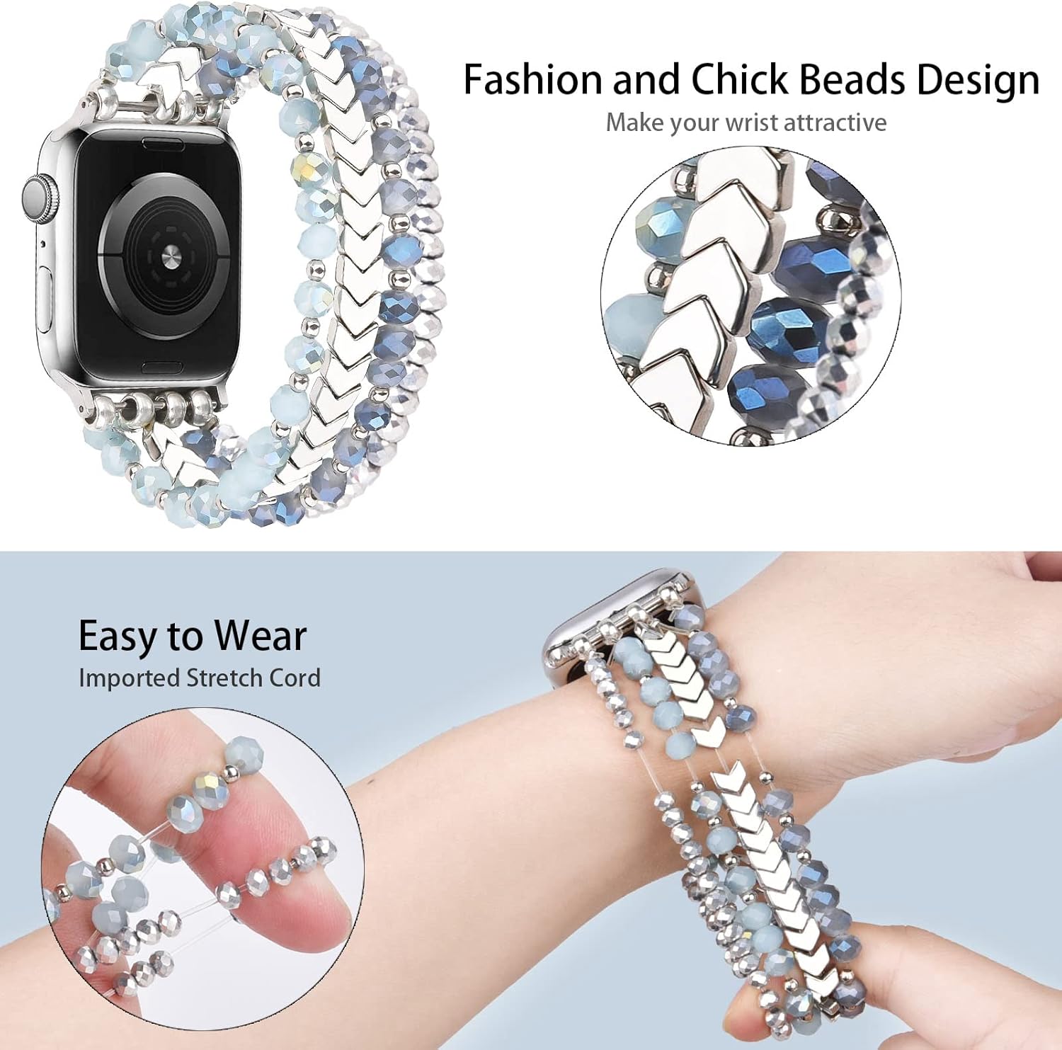 MOFREE Beaded Bracelet Compatible with Apple Watch Band 38mm/40mm/41mm/42mm, Fashion Elastic Stretch Women Bands for iWatch Series 11/10/9/8/7/SE/6/5/4/3/2/1 iPhone Watch Strap Bands (Blue/Silver) - Image 3