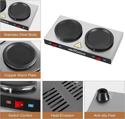 Miniatura 4 de Restlrious Calentador de café comercial de doble quemador, plato calentador, calentador portátil de acero inoxidable para decantador de vidrio