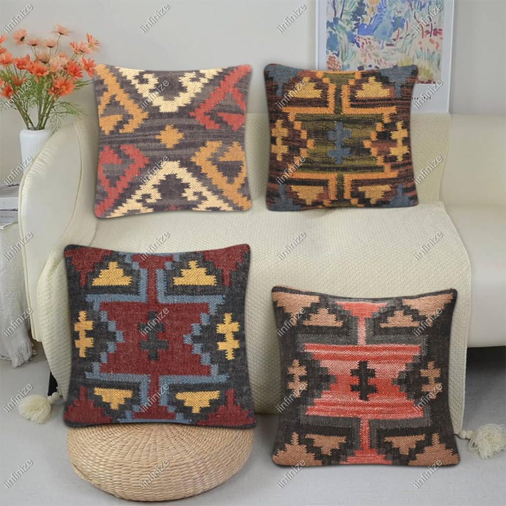 Juego de 4 fundas de cojín de yute de lana tradicional india turca, para sofá, sala de estar, decoración interior, 45,7 x 45,7 cm