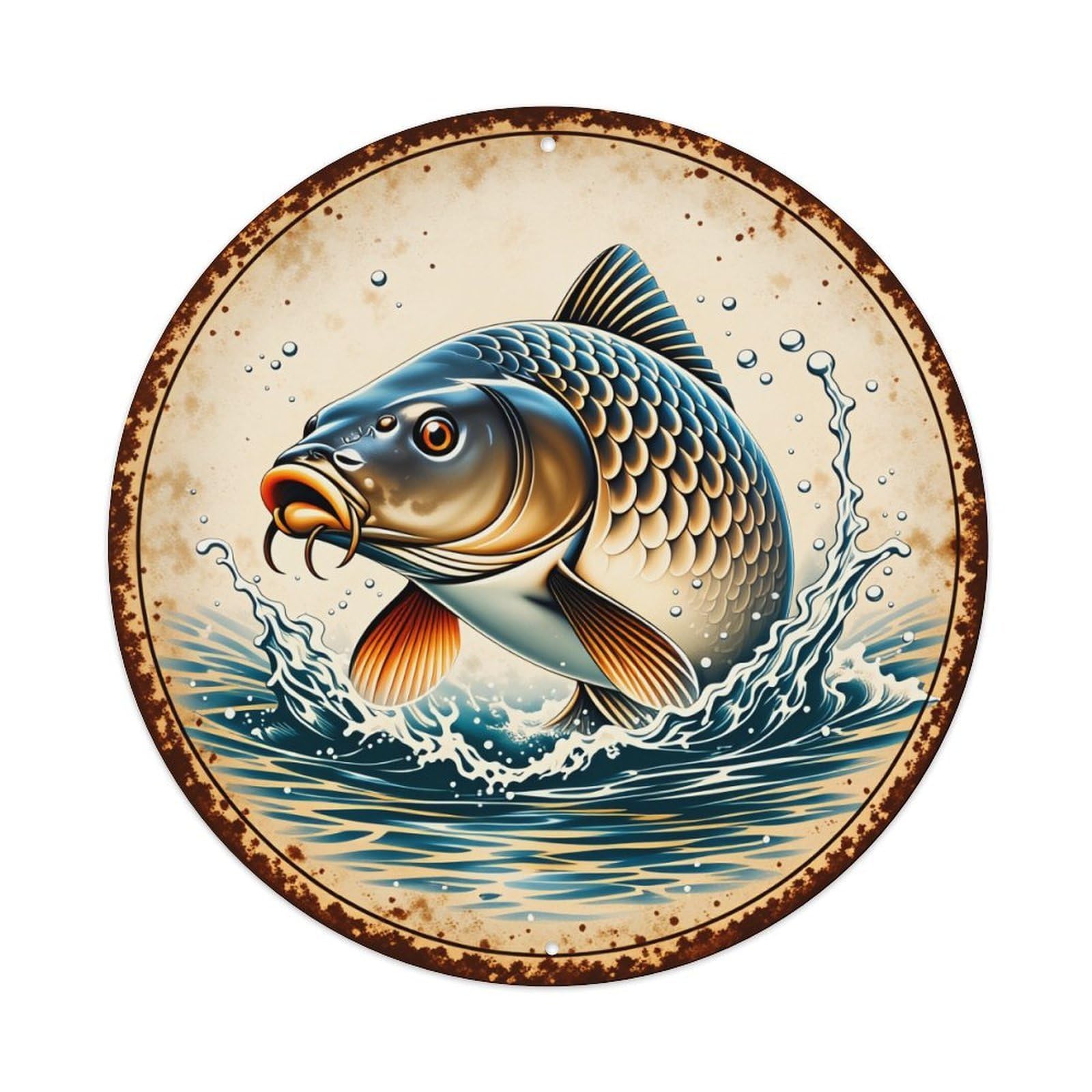 Fish Leaping Water Splash Circle Round Tin Sign Vintage Style Metal Sign Home Bar Garden Wall Plaque Decor Metal Poster 8x8 Inch