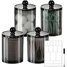 4 Pack 10 oz Cotton Round Holder Dispenser Set | Labels & Marker Included, Apothecary Jar Stores Cotton Swabs, Balls, Pads & Floss Picks, Bathroom Canisters Decor Organizer