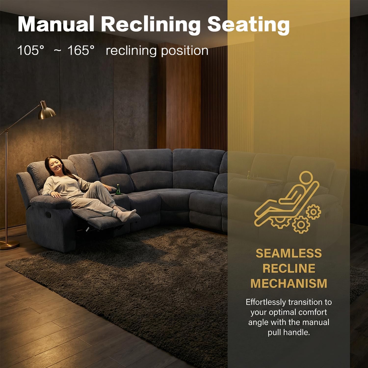 Recliner Sectional Sofa for Living Room Furniture Sets,L Shaped Corduroy Manual Reclining Corner Couch with Storage Console/Convertible Backrest Coffee Table/Cup Holders(Grey,Sectional)