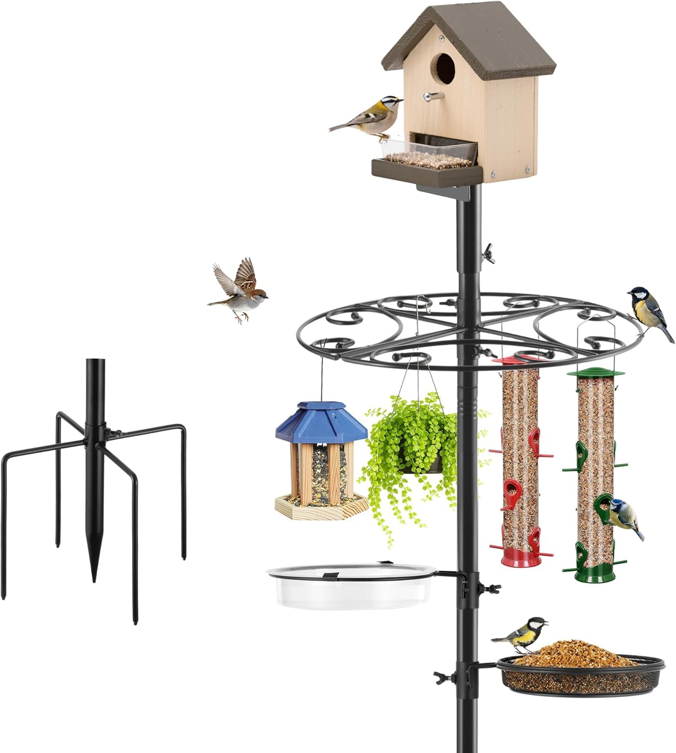 Upgraded Heavy Duty Bird Feeder Pole - Thicker Steel Bird Feeding Station Pole with 5-Prong Base, Wind-Resistant Water Bowl, Mesh Tray, Bird House Frame for Yard Garden Backyard(Not Include Birdhouse)