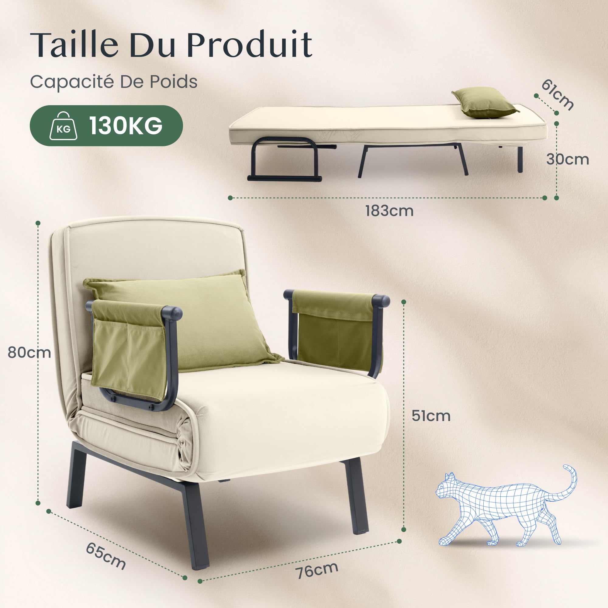 FLEXISPOT Fotel relaksacyjny, rozkładane łóżko, rozkładany fotel do spania z funkcją łóżka, leżak 3 w 1 (biały, 76 x 65 x 51 cm)