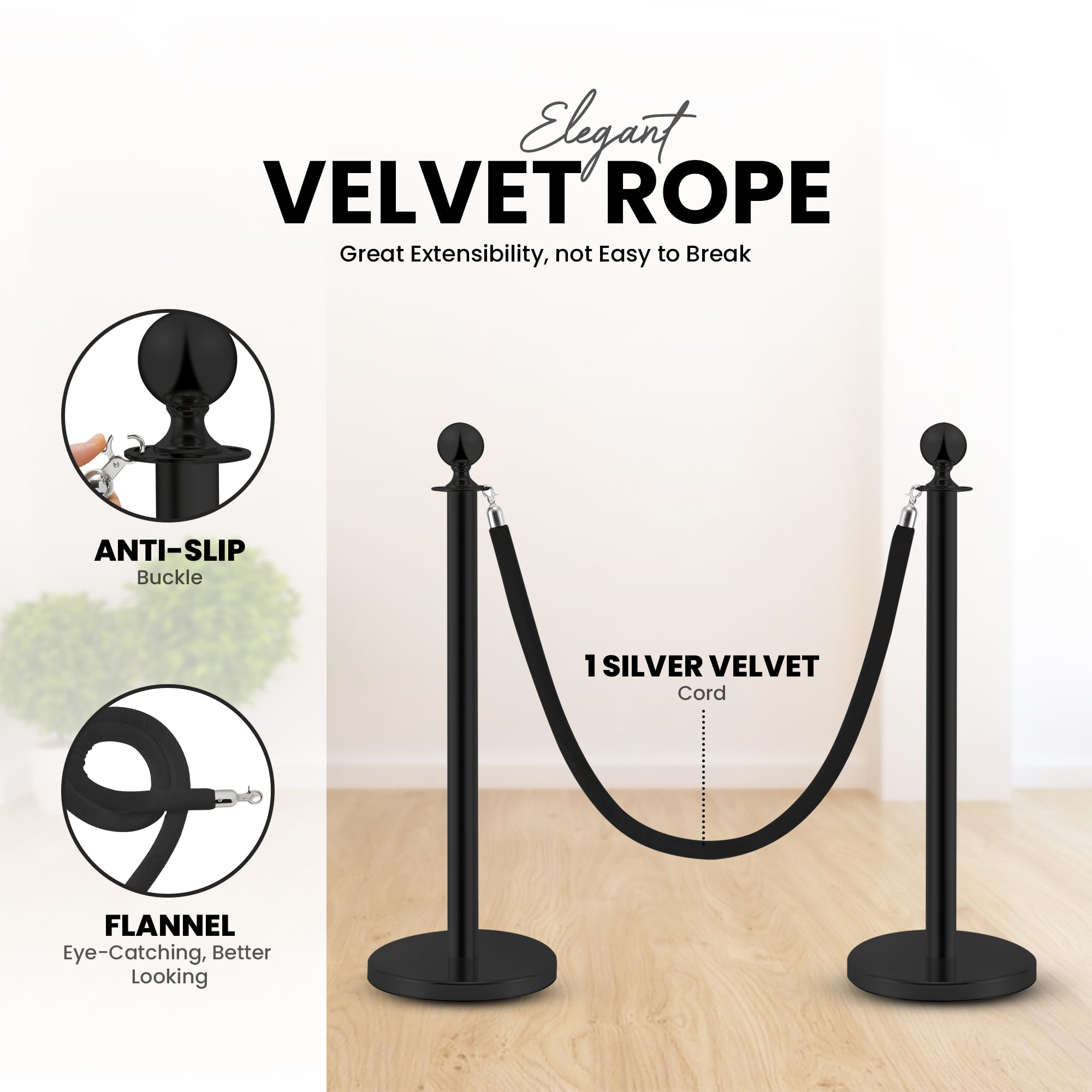 Postes Separadores de Acero Inoxidable Negro 90 cm 2 Piezas con Cuerda de Terciopelo 1,5 m Control de Multitudes