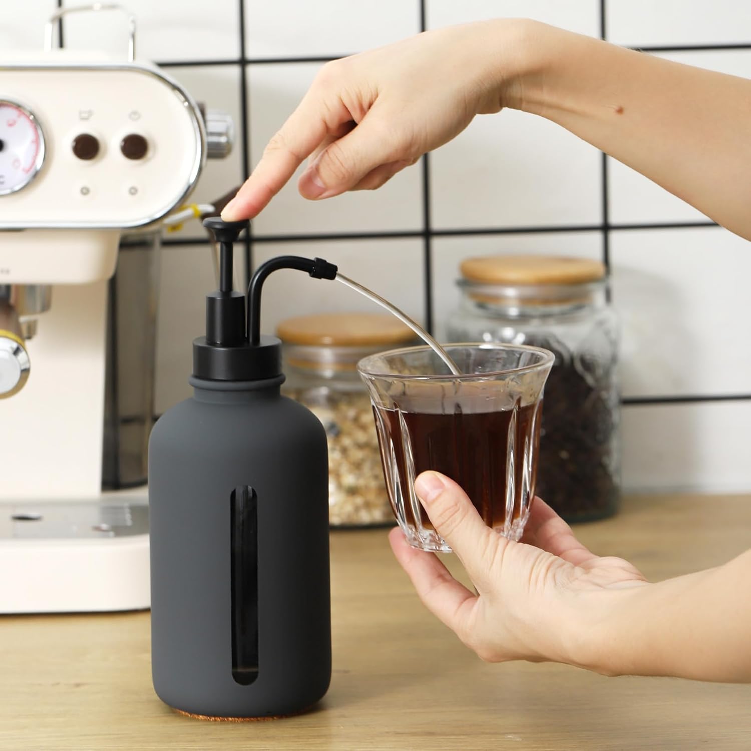 Enra Gray Soap Dispenser with Window,17oz Glass Hand Soap Dispenser Stainless Steel Hand Pump,Countertop Lotion Bottle for Bathroom Kitchen(Dark Gray-Liquid) - Image 6