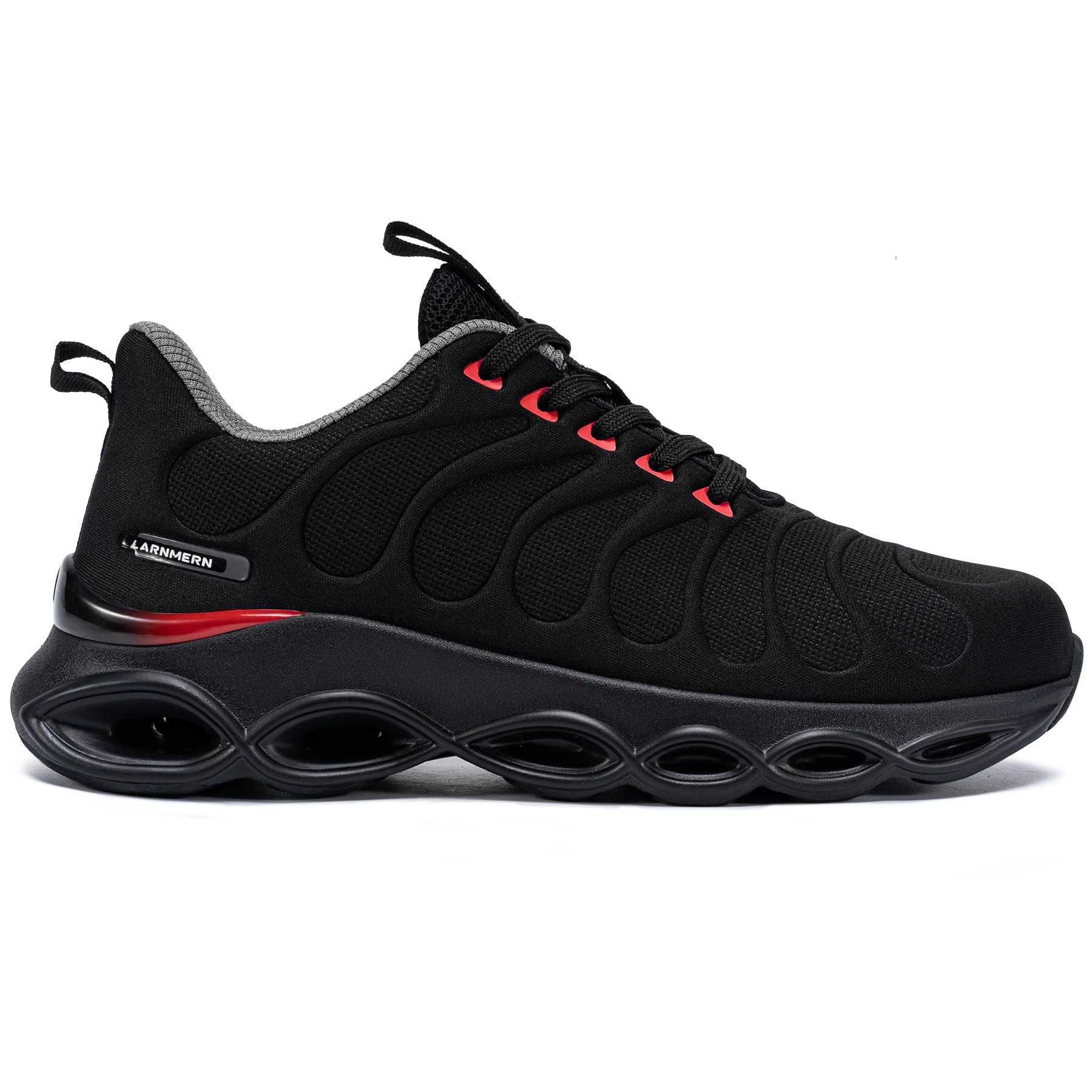 LARNMERN Buty sportowe ze stalowym noskiem, męskie buty ochronne, oddychające buty ochronne, wygodne buty robocze, lekkie, amortyzacja, moda, 3,5UK-44UK, Tryb czerwony czarny, 47 EU