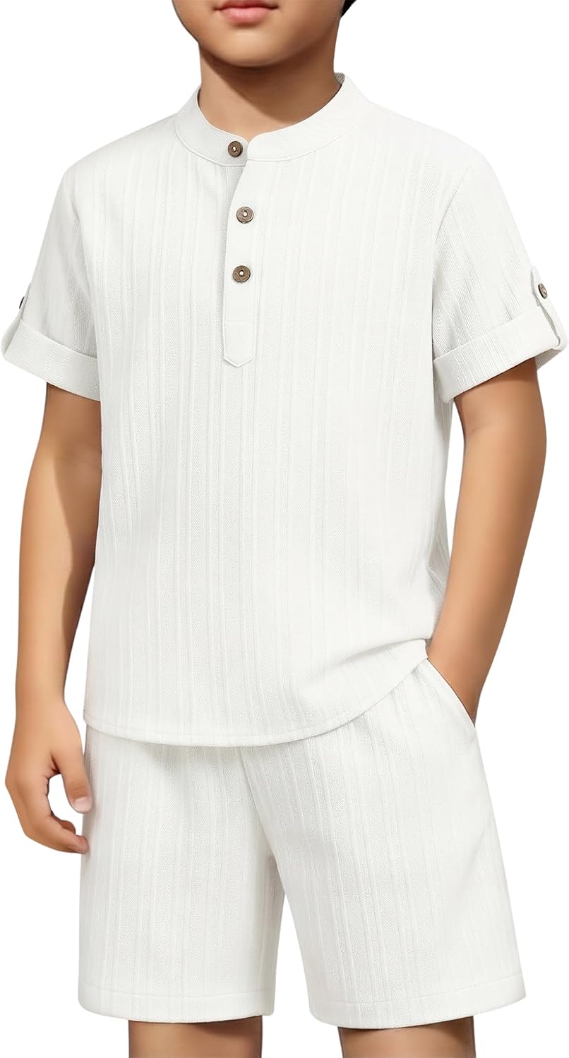 Arshiner Boys 2 Piece Summer Beach Outfits Textured Henley Shirts and Shorts Set Casual Vacation Clothes for 4-12 Years Kids