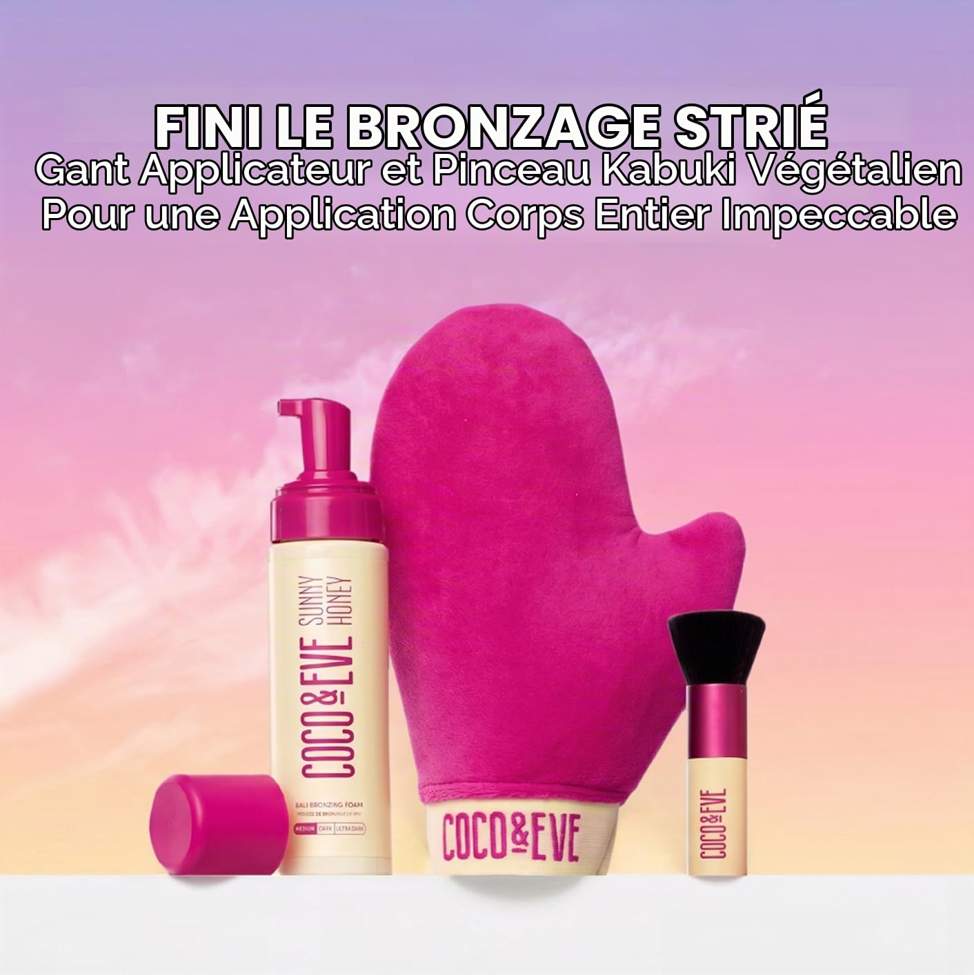 Kit de bronzage Sunny Honey Bali de Coco & Eve (foncé). Mousse de bronzage sans soleil entièrement naturelle. Lotion autobronzante instantanée avec bronzeur, gant applicateur et pinceau kabuki.