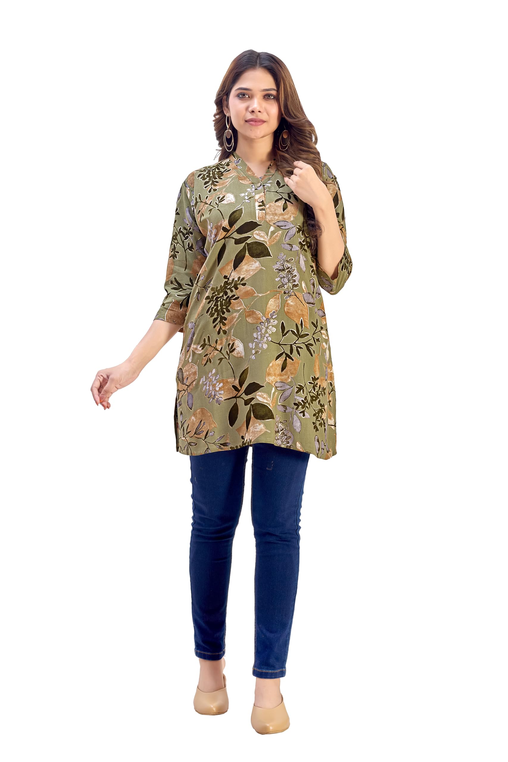 Women’s Pista Green Rayon Tunic Top – 3/4 Sleeve Printed Short Kurti – Comfortable Loose Fit