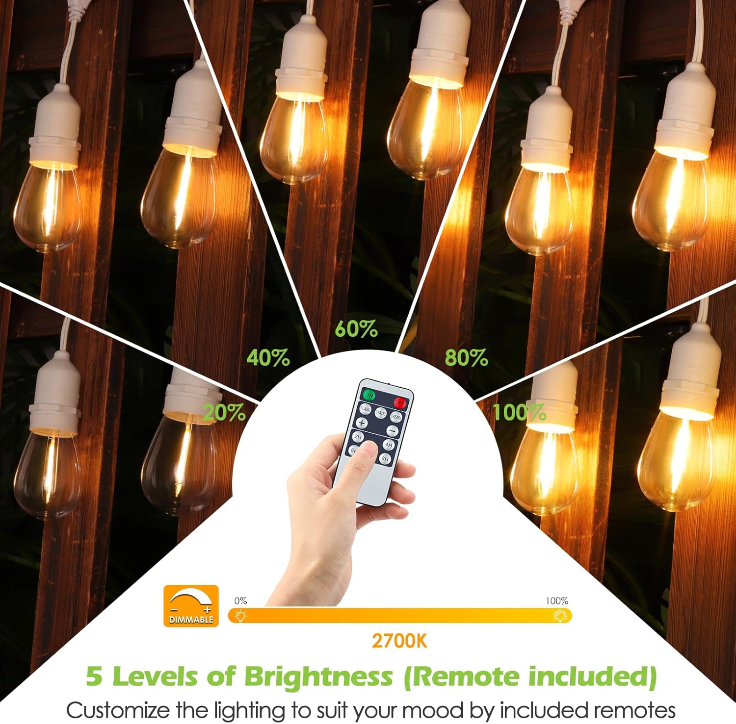 Larkvue 96FT(2 * 48FT) Outdoor String Lights with Remote, Dimmable Patio Lights with 30+4 3 Modes 4 Timers LED Bulbs for Deck Gazebo, White 2 Pack