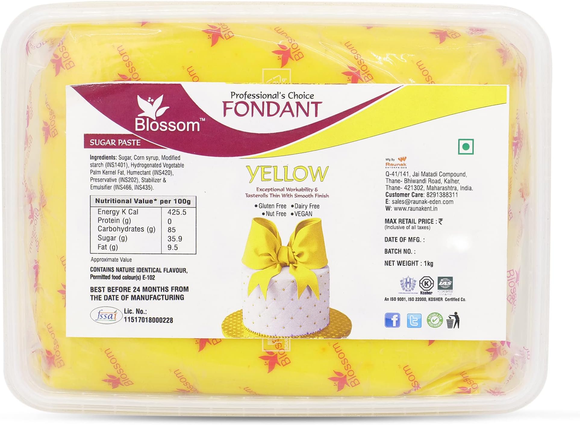BLOSSOM Yellow Sugar Paste/Fondant for Cake Decorating, 1Kg