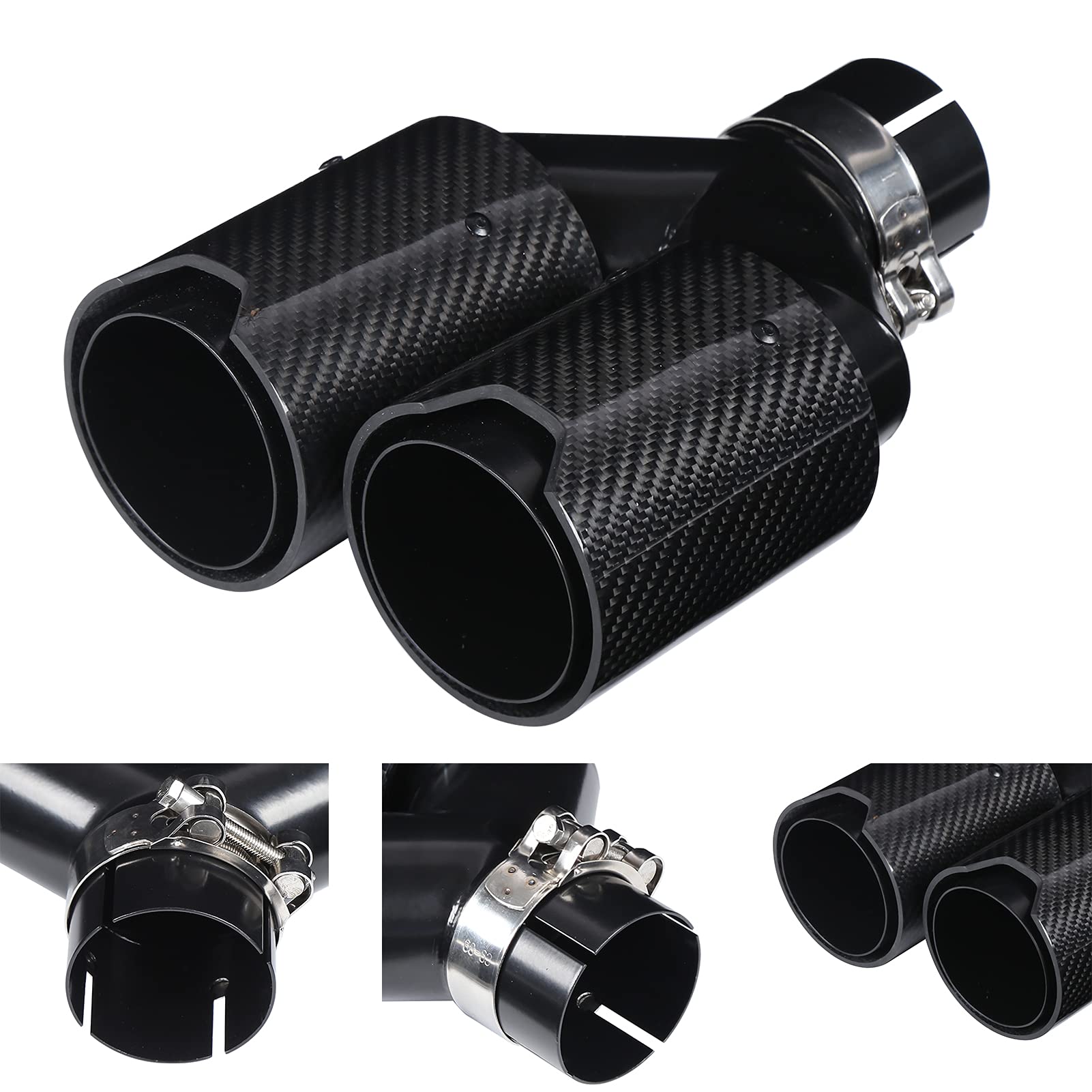 Tip Tuyau D'Échappement de Voiture En Acier Inoxydable 63‑93 Mm En Forme De Y 1‑In‑2‑Out Côté Droit Double Sortie D'Échappement En Fibre De Carbone Noire Pour Performance M