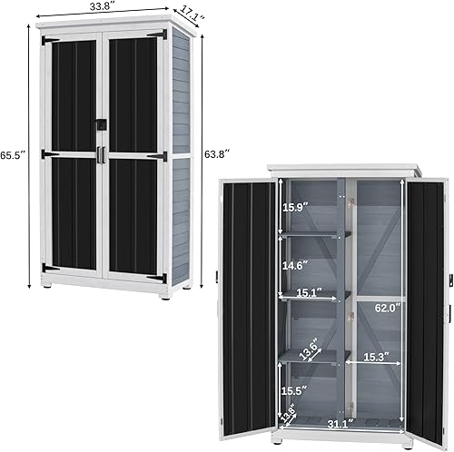 Miniatura 5 de GDLF Armario de almacenamiento para exteriores de madera y metal, cobertizo de jardín con techo impermeable y puertas resistentes con cerradura de