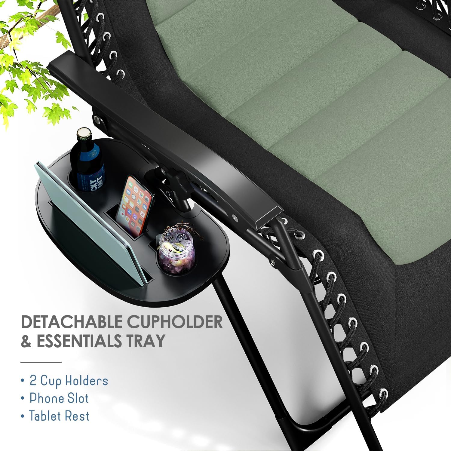 Nestl Outdoor Padded Zero Gravity Chair Set of 2, Patio Lounge Chair Outdoor Recliner, Oversized Anti Gravity Lounger with Adjustable Headrest and Cup Holder, Foldable for Camping- Black/Sage Green