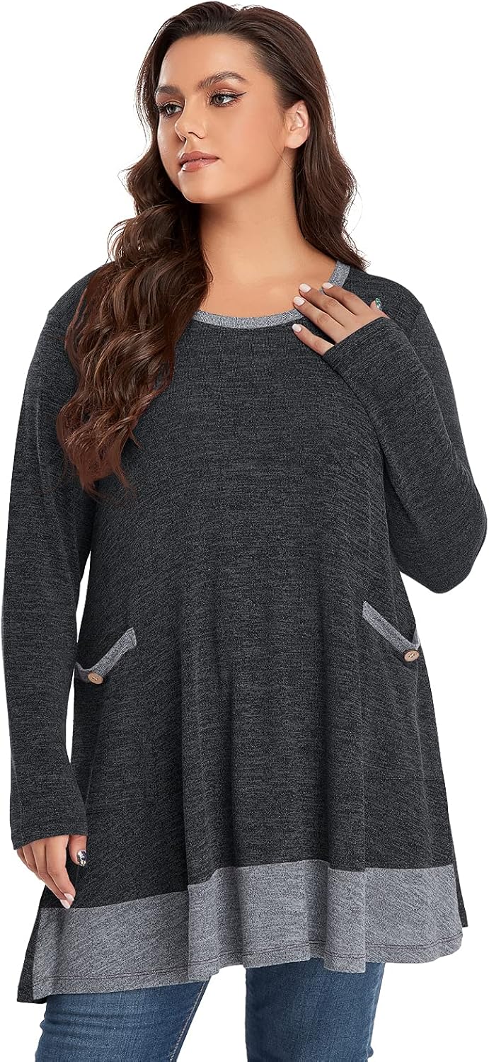 OVERWORETY Long Sleeve Raglan Plus Size Tunic Tops for Women Color Block Knit Pullover Fall Shirts with Pockets - Image 3