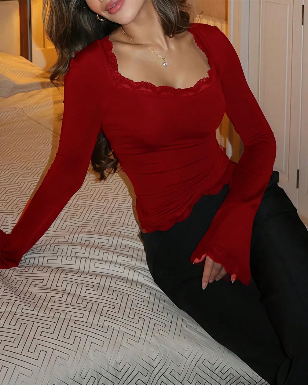Women Y2k Lace Trim Square Neck Bell Long Sleeve Crop Tee Shirts Lace Patchwork Slim Fit Going Out Shirts Blouse - Image 7