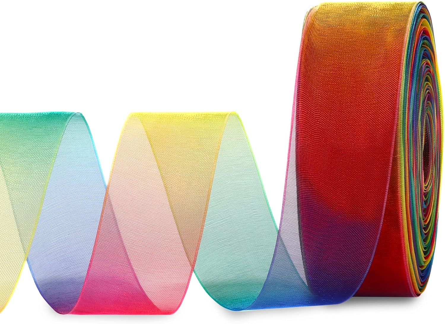 MOLSHINE 50yd x 1 inch Rainbow Organza Ribbon,Shimmer Sheer