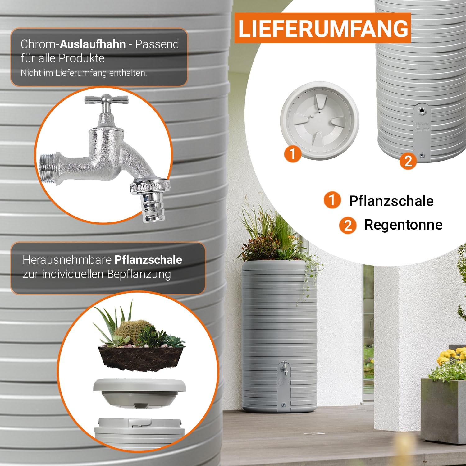 GARANTIA Nordic 2in1 Regentonne 300 Liter steingrau inkl. Pflanzschale