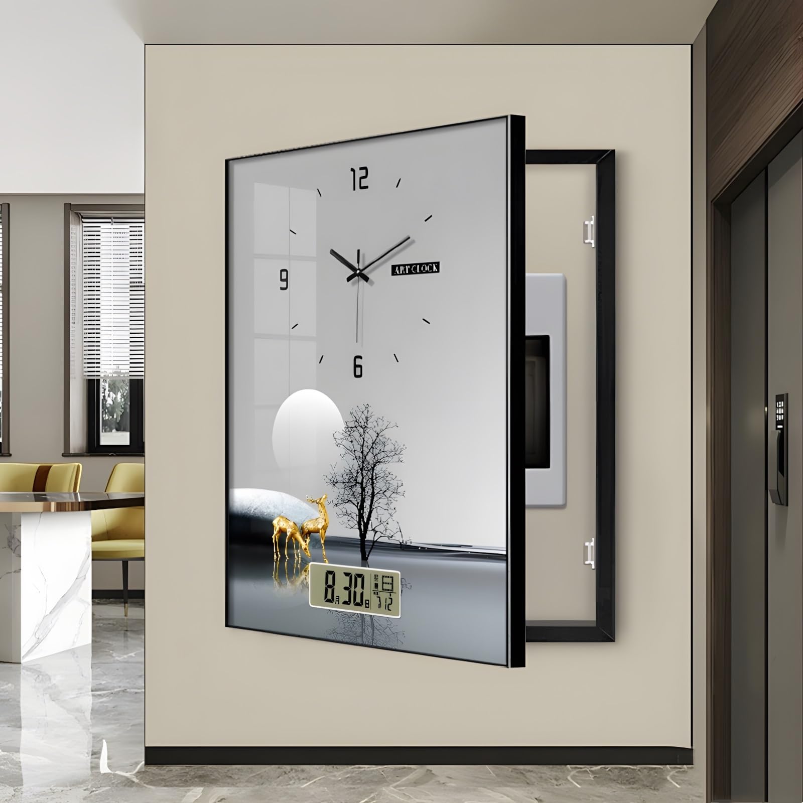 Electrical Panel Cover with Clock - Hidden Circuit Breaker Box & Meter Decor for Living Room, Office, Home Wall