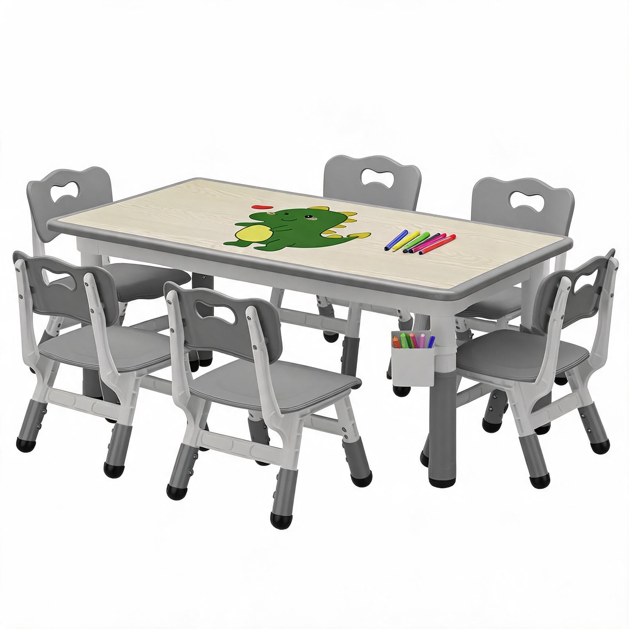 Höhenverstellbares Kindertisch- & Stuhlset (1 Tisch + 6 Stühle) für 2–10 Jahre – Activity-/Maltisch, rutschfeste Füße, inkl. Aufbewahrungsbox – Farbe: Hellgrau | Platte: Holzmaserung | Set: