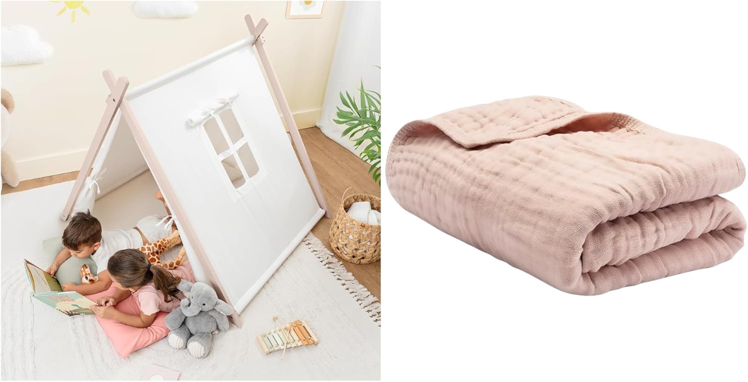Comfy Cubs Kids Indoor Play Tent & Baby Muslin Blanket Blush Bundled