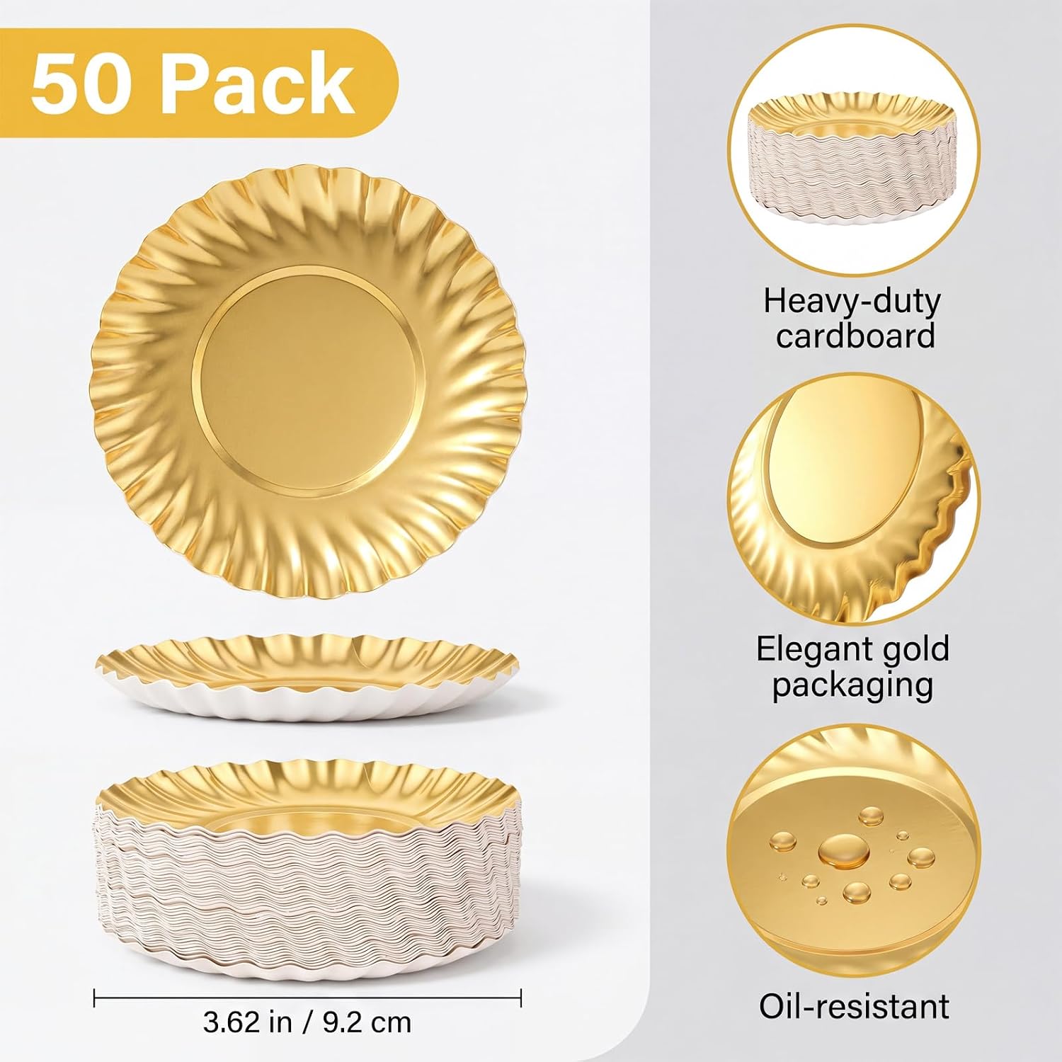 50 Pack Mini Dessert Plates, 3.6 Inch Small Gold Cupcake Plate Disposable Baking Dessert Dish Paper Cupcake DessertDisplays Tray for Cake DIY Baking DessertParty Wedding Birthday