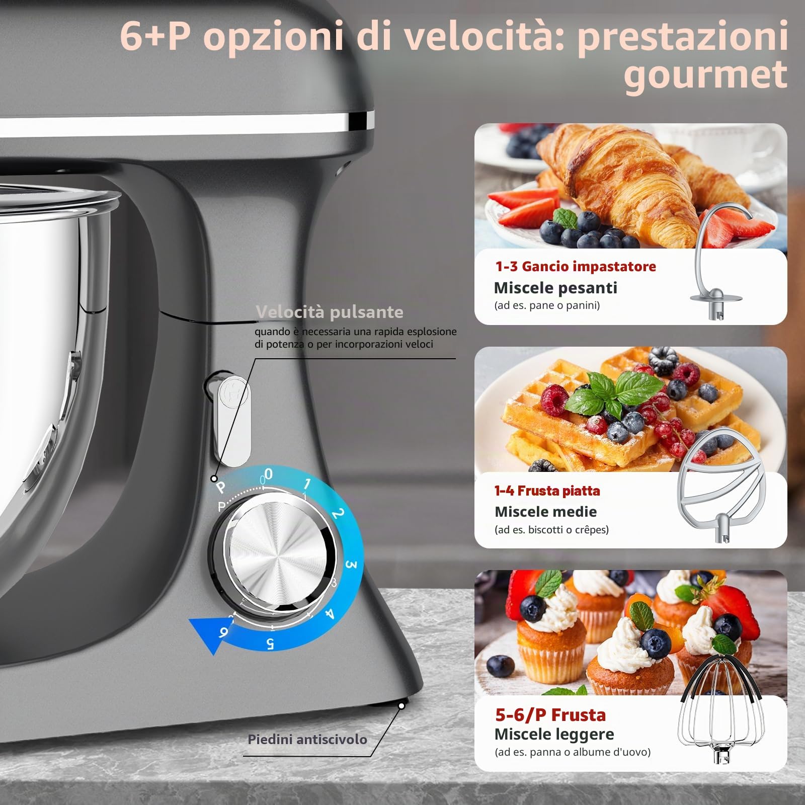 Impastatrice Planetaria offerta 2000W 8L Robot da Cucina | Professionale Multifunzione Mixer Cucina con Gancio per Impastare, Frusta Piatta, Frusta
