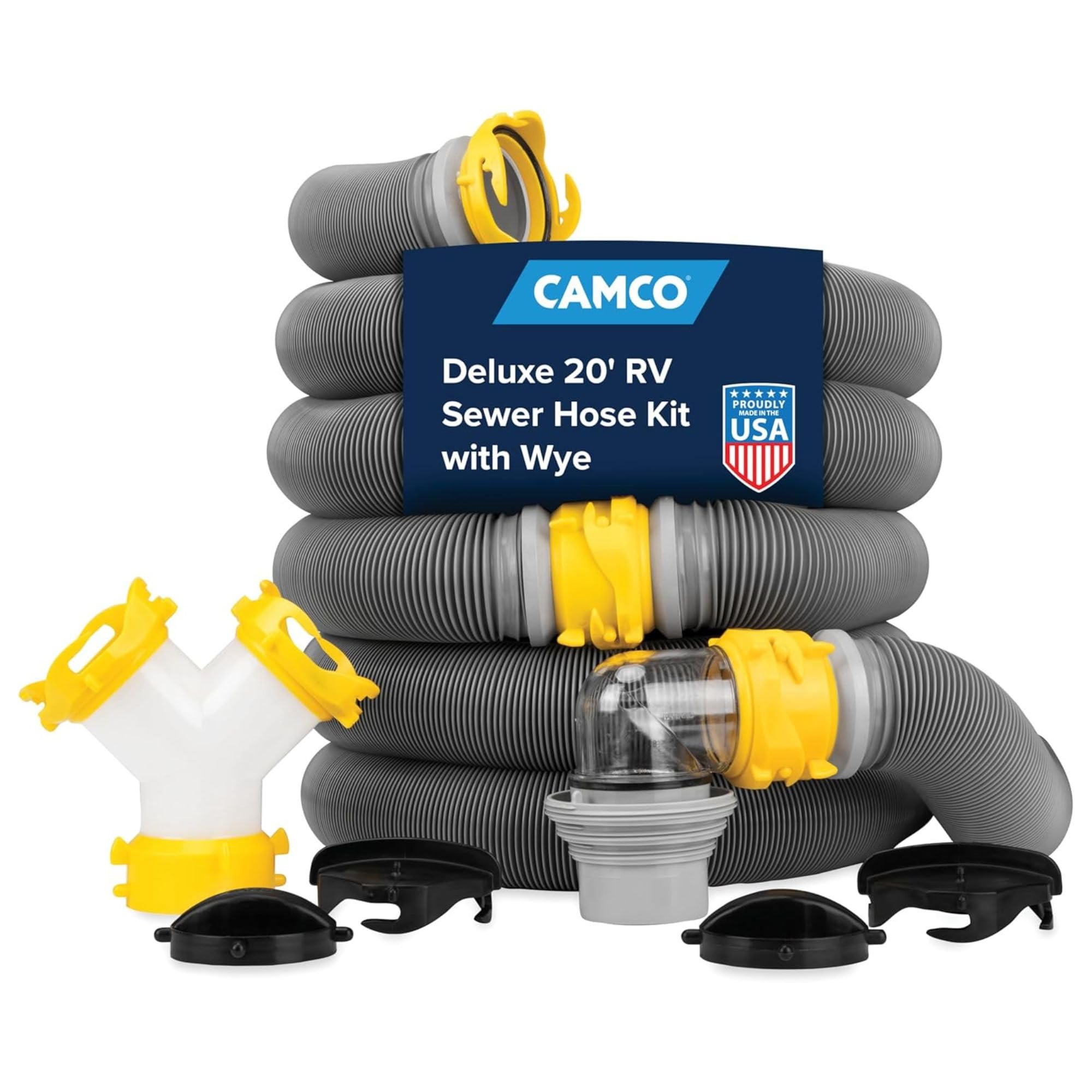 Camco Deluxe 20' Sewer Hose Kit with Swivel Fittings and Wye Connector - Ready To Use Kit Complete with Sewer Wye and Elbow Fittings, Hoses, and Storage Caps (39666)