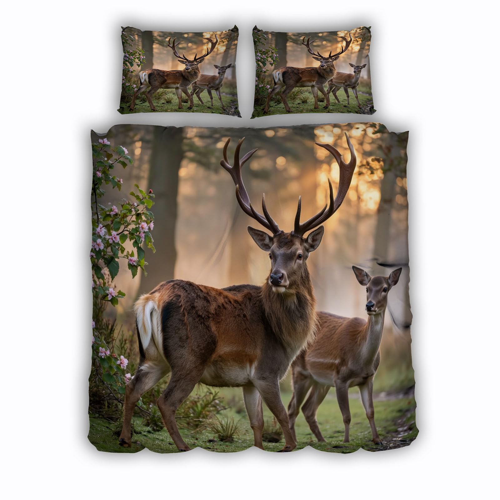 Housse de couette 220x240cm wapiti avec parure de lit cerfs et 2 taies 65x65 en microfibres