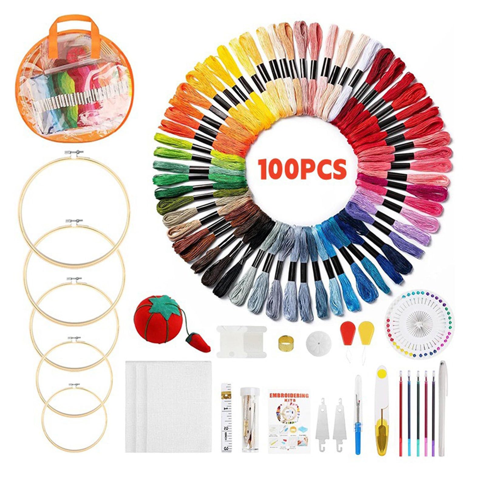 Lerpwige Set di 100 fili da ricamo colorati e strumenti per maglieria, con cerchio per progetti artigianali per esperti, filato morbido
