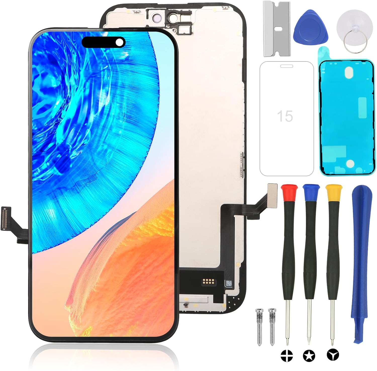 for iPhone 15 Screen Replacement Kit Full Assembly with True Tone, iPhone 15 LCD Display Digitizer Screen with 3D Touch Digitizer and Repair Tools Kit-Model A3090, A2846, A3089, A3092