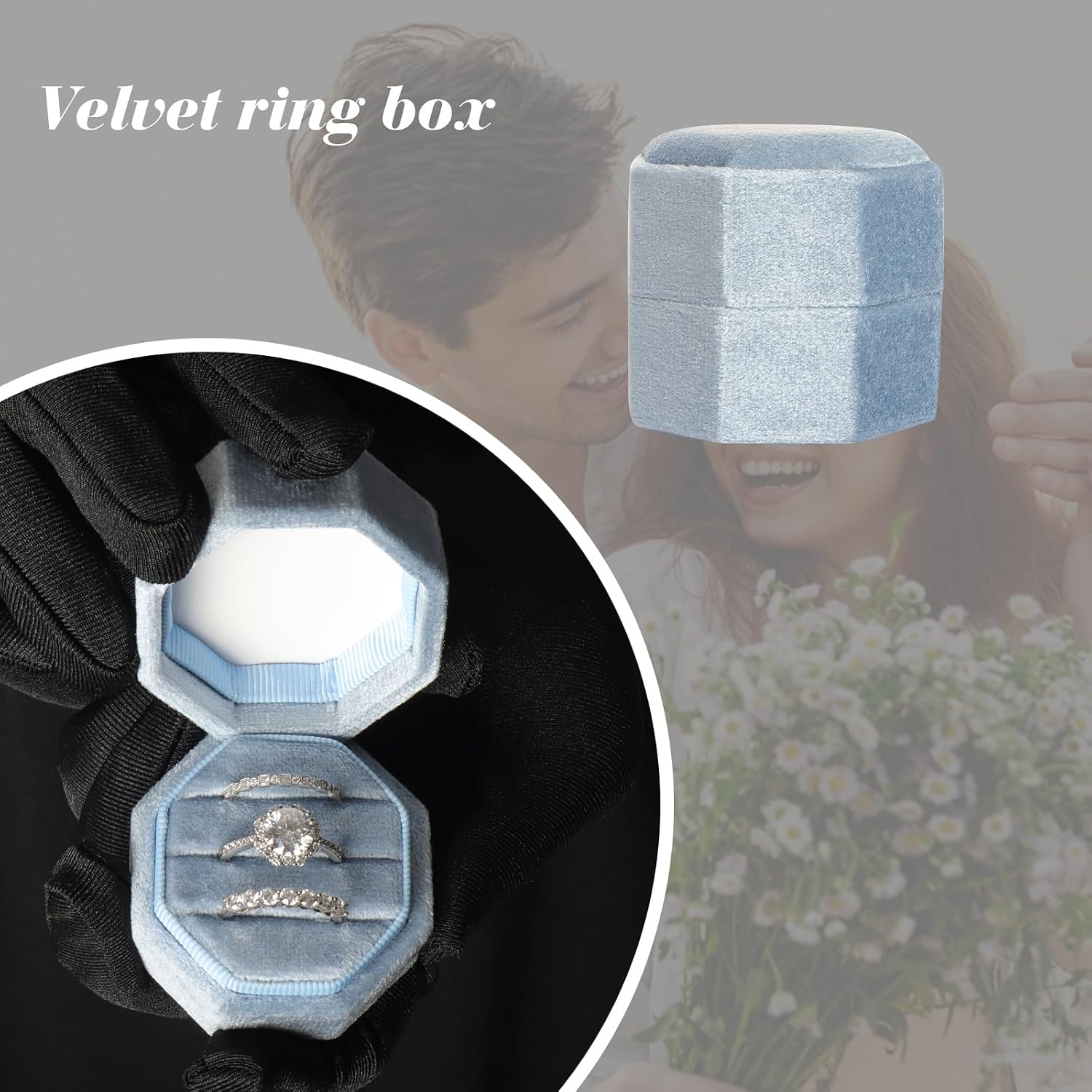 Gvhntk Velvet 3 Slots Jewelry Ring Box Vintage Octagon Ring Display Holder Gift Premium Gorgeous Case with Detachable Lid for Wedding Engagement Proposal Keepsake Ceremony (Blue)