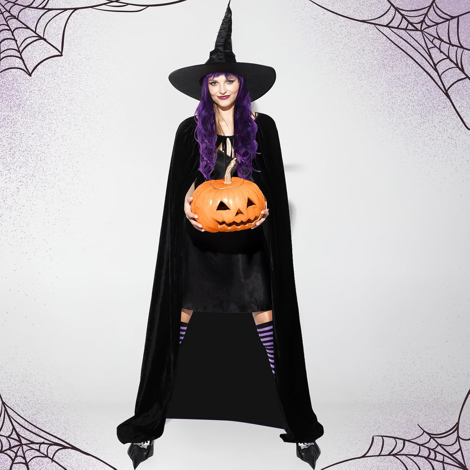 Ramede 6 Pcs Halloween Witch Cosplay Costume Adult Cape Witch Hat Shoe Covers Broomstick Curly Hair Wig Striped Tights