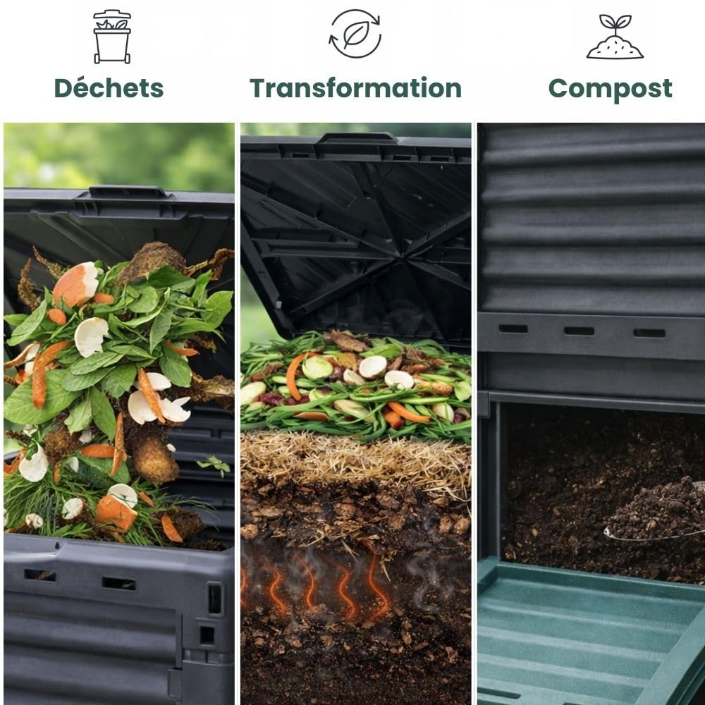 TERRE JARDIN - Compostador de Jardín, 300 L - Contenedor de Compost, 83 x 61 x 61 cm, de Polipropileno Contenedor Compostador de Residuos de Jardín, Resistente a Golpes y a los UV