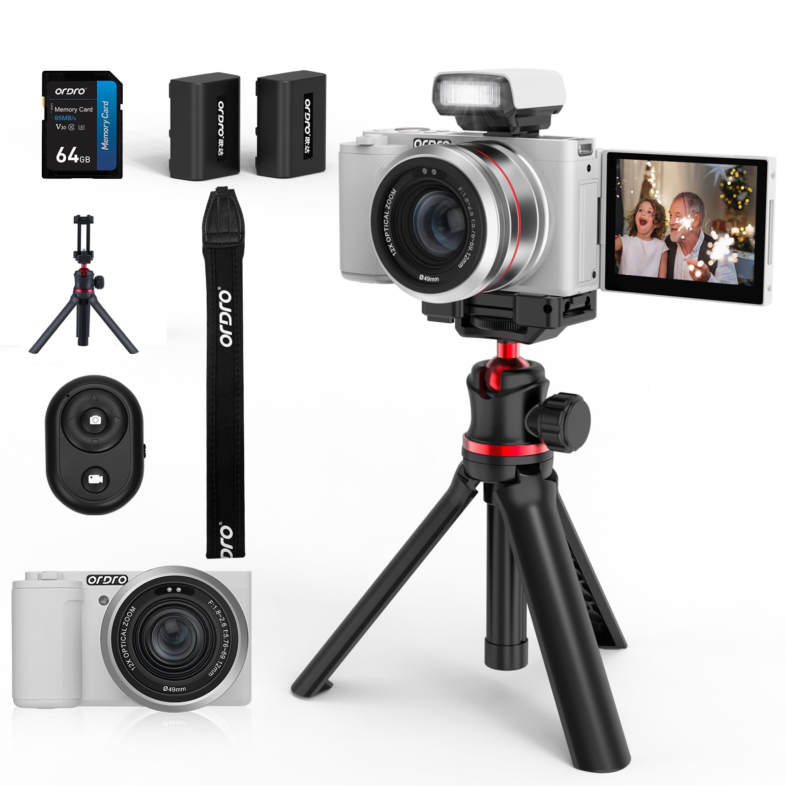 ORDRO G730 5K Digital Cameras for Photography - 64MP 12X Optical Zoom Travel Content Creator Camera & YouTube Vlogging Camera with Flip Screen, Flash& Tripod Grip, 64GB Memory Card(White)-image-7