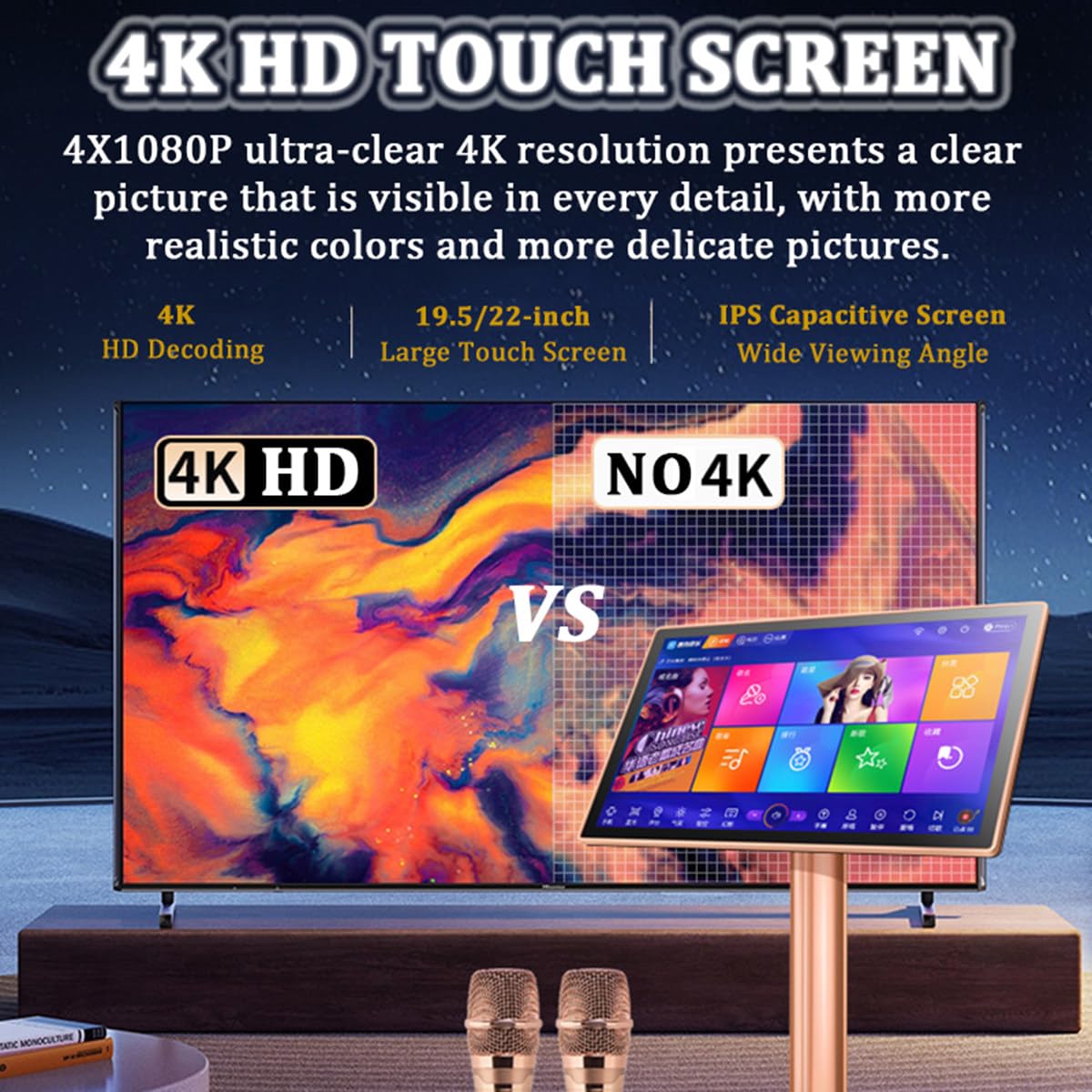 19.5/22” Karaoke Machine, 4K HD capacitive Touch Screen, App Control Karaoke Singing Player with Reverb 2 Wireless Microphone, Movie Online Update (19.5inch 1TB)